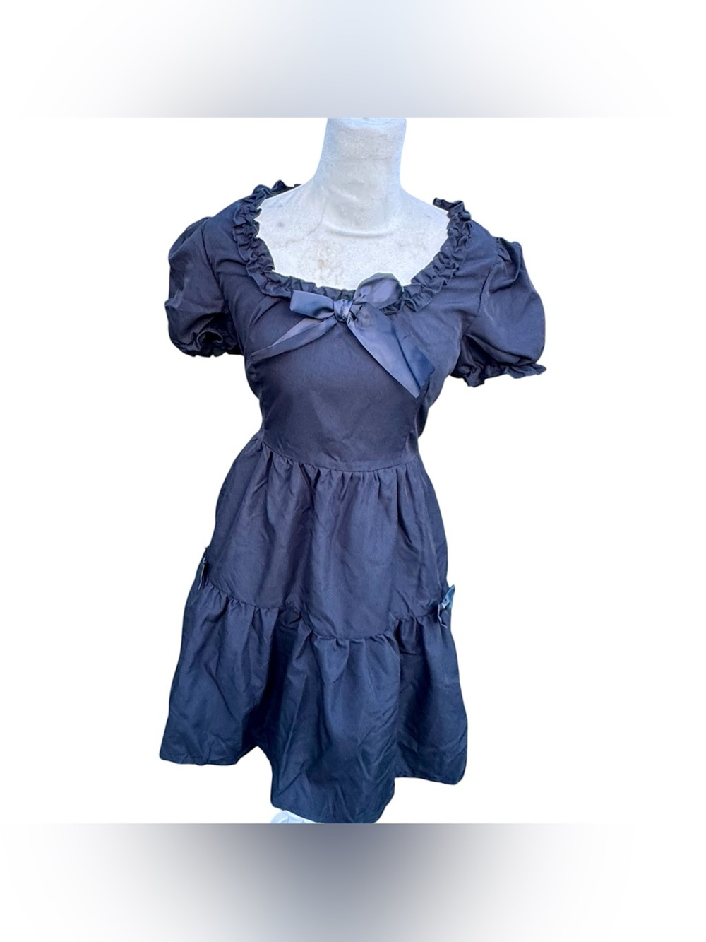 Romwe White Kawaii Casual Gothic Lolita Bow Fashion Bow Poof Sleeve Dress M
